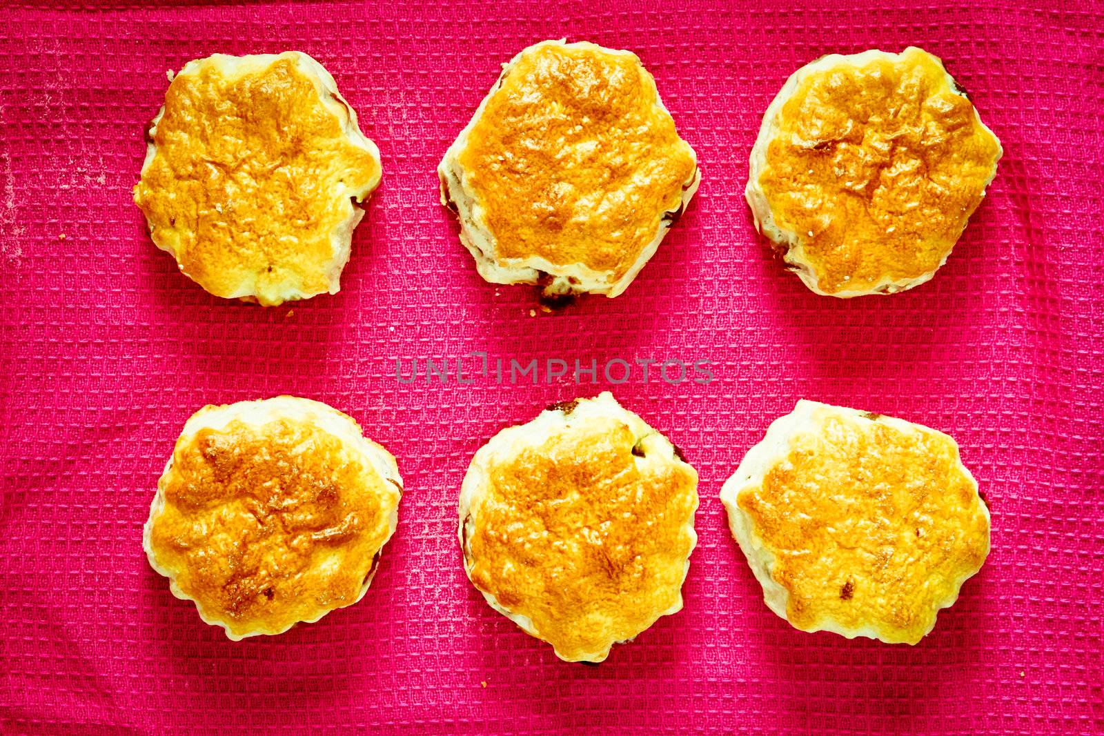 Six freshly baked scones on a pink cloth