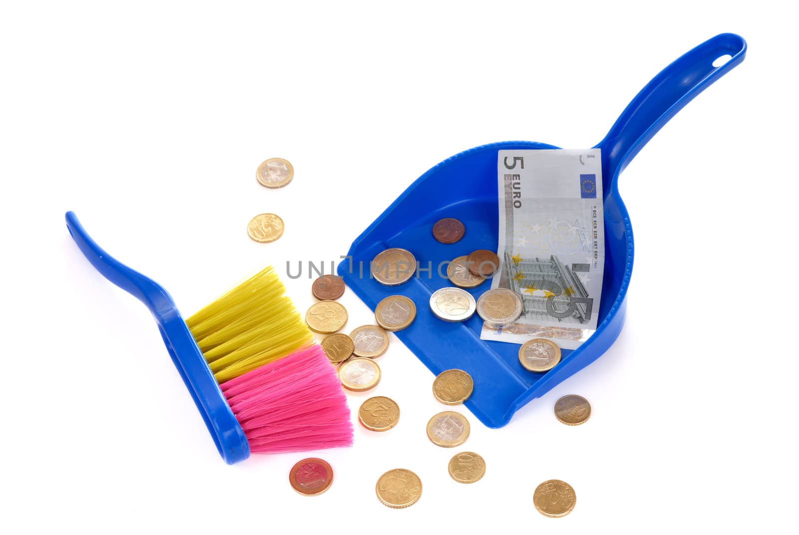 Brush sweeping euro coins and banknote isolated by mahout