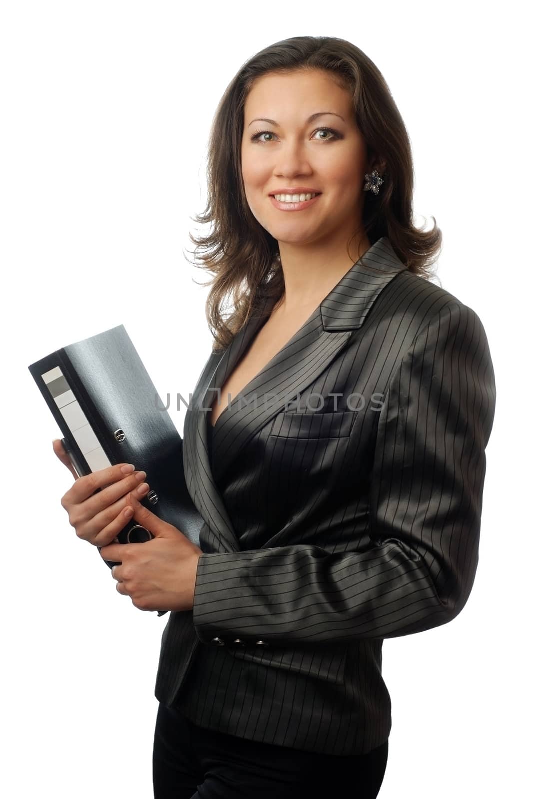 Photo of young successful businesswoman with folder