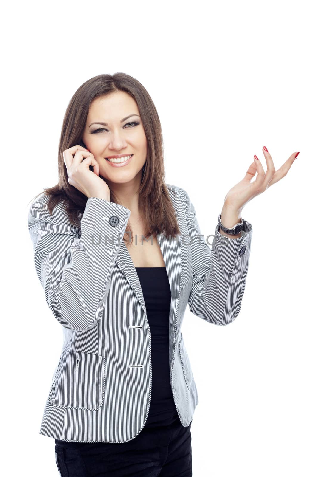 Business lady talking via cell phone on a white background