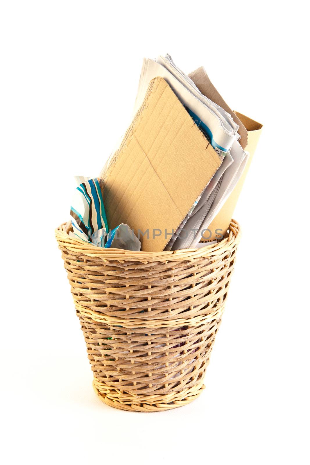 A waste paper bin on a white background