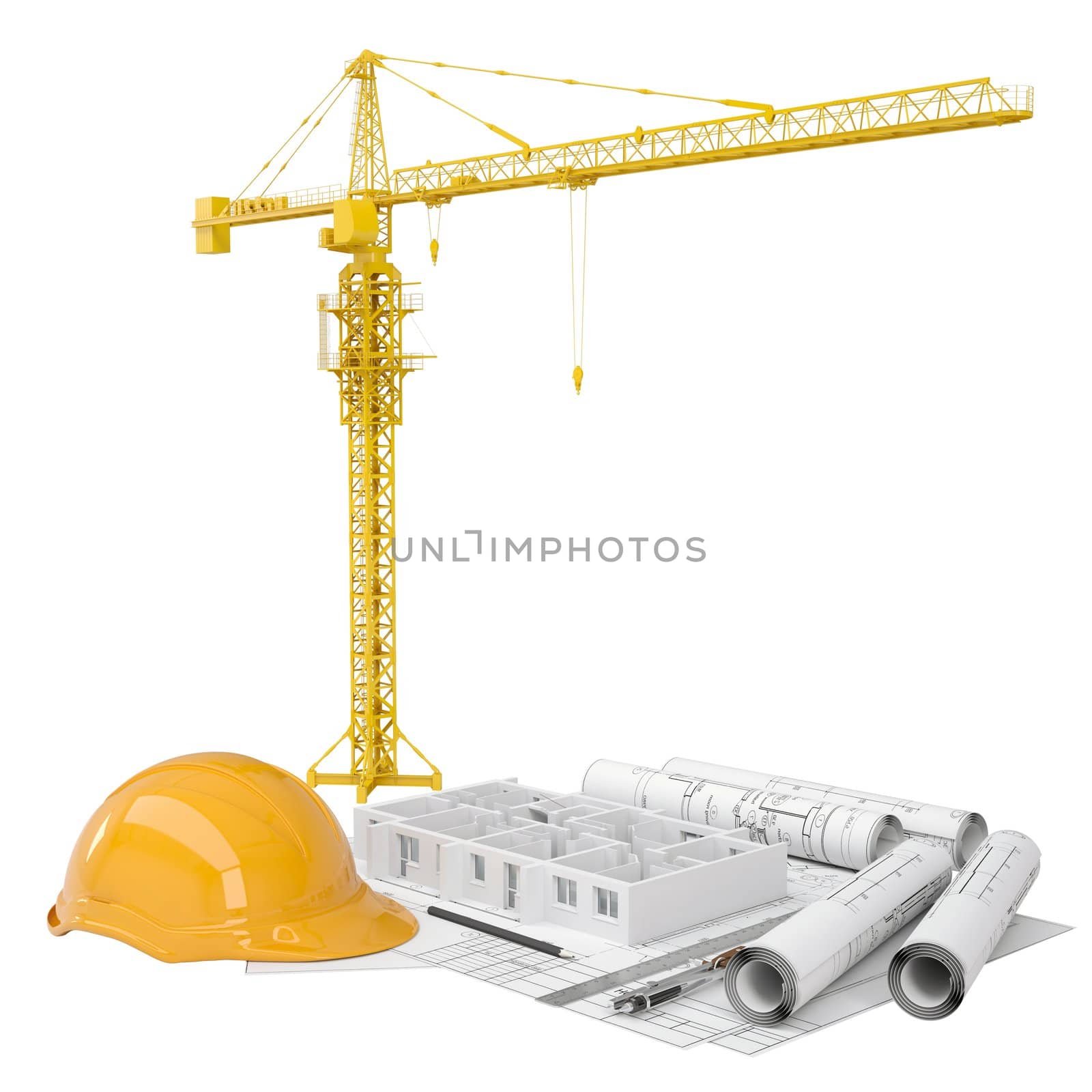 Drawings, tower crane, a helmet and a house under construction. Isolated render on a white background