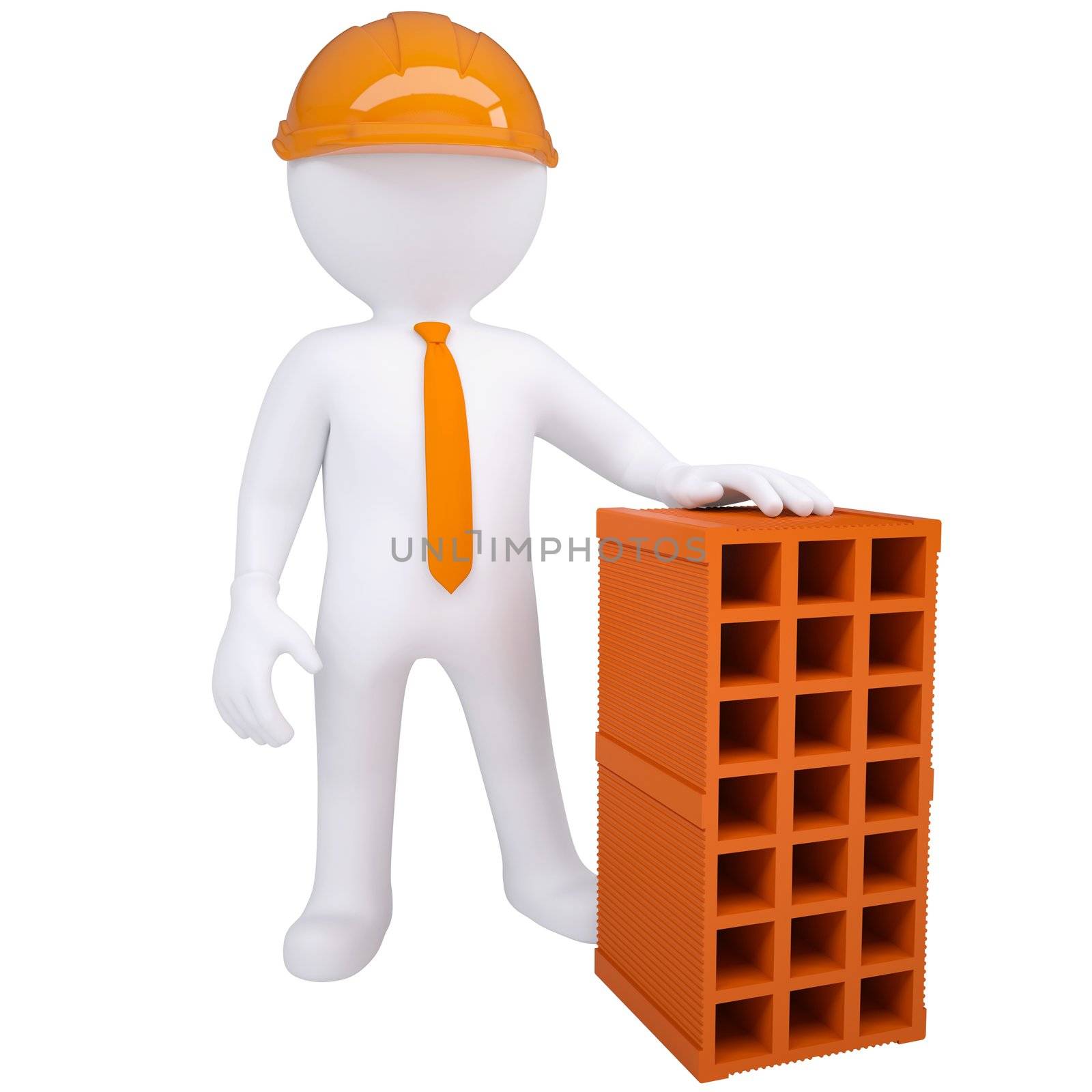 3d white man with a brick. Isolated render on a white background