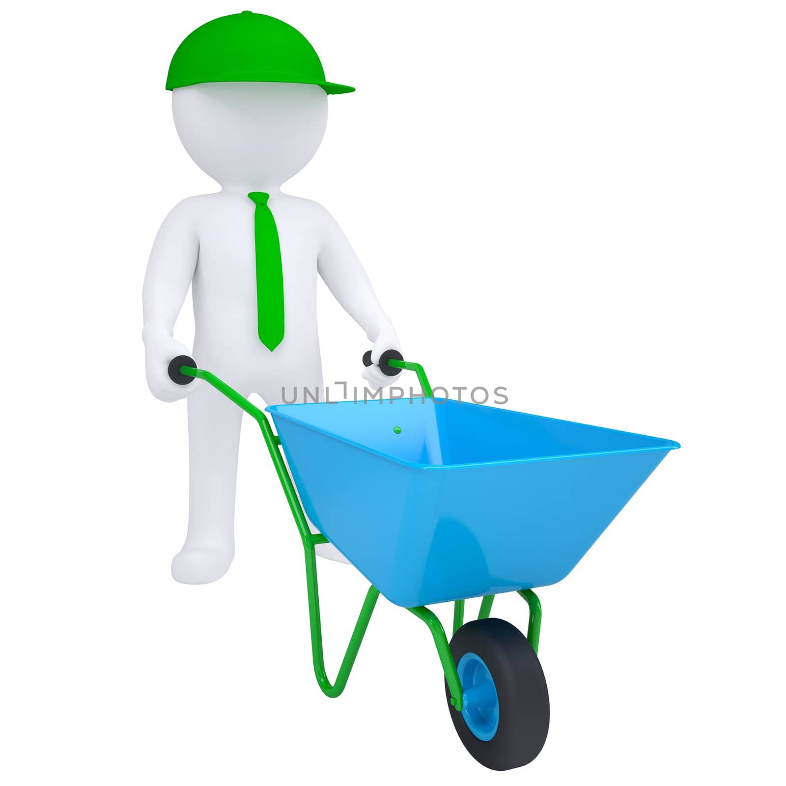 3d white man with a wheelbarrow. Isolated render on a white background