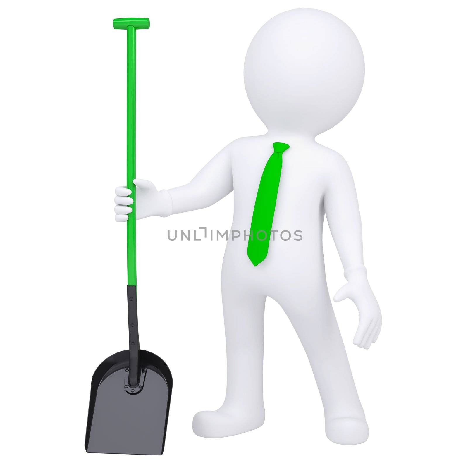 3d white man standing and holding a shovel. Isolated render on a white background