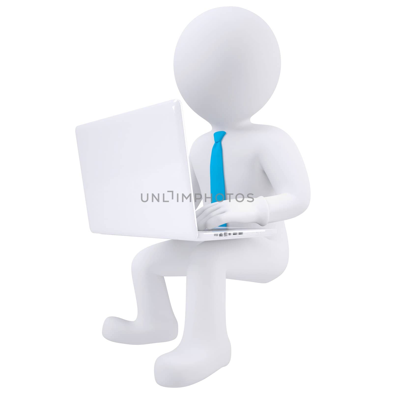 3d white man sitting with a laptop. Isolated render on a white background