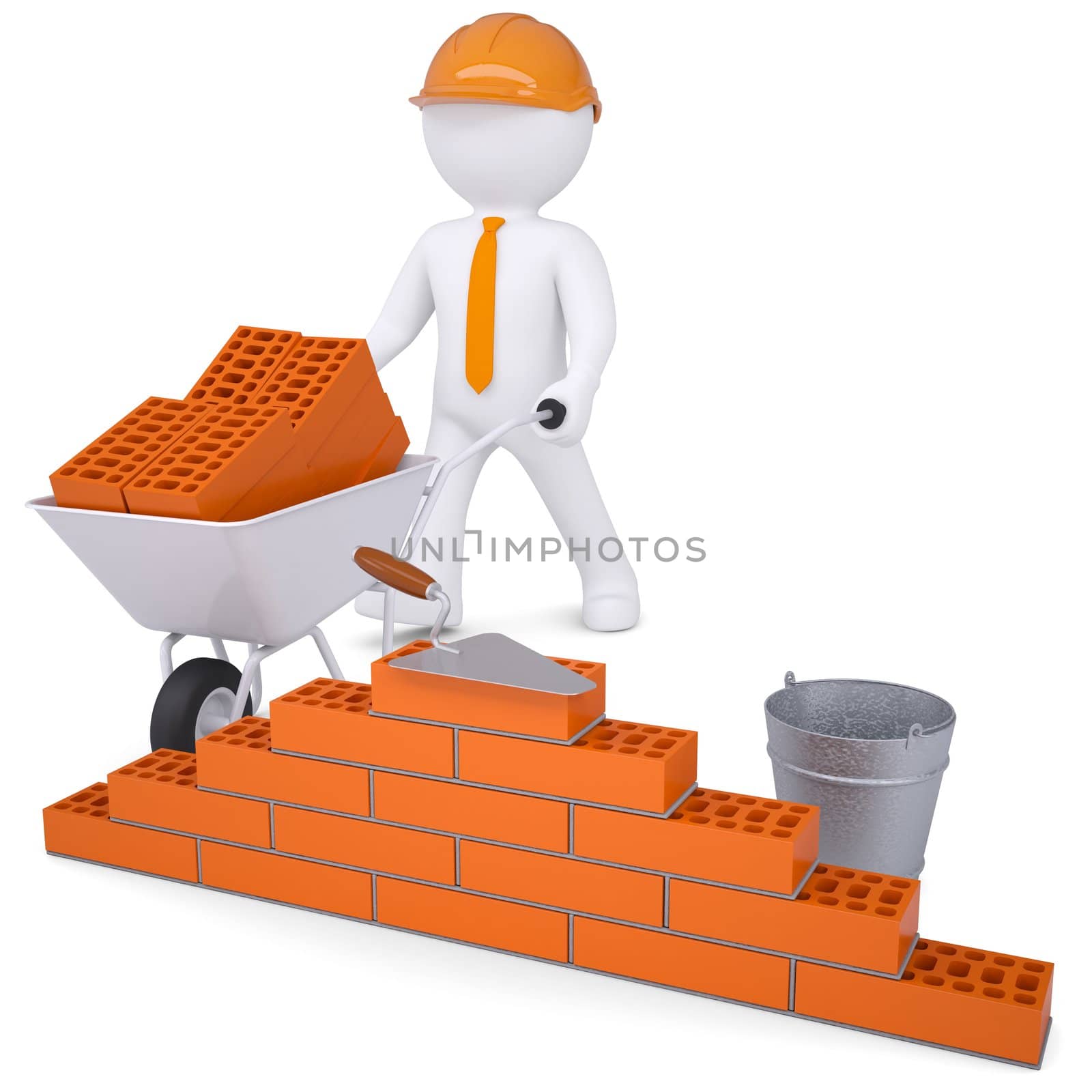 3d white man in a helmet builds a wall. Isolated render on a white background