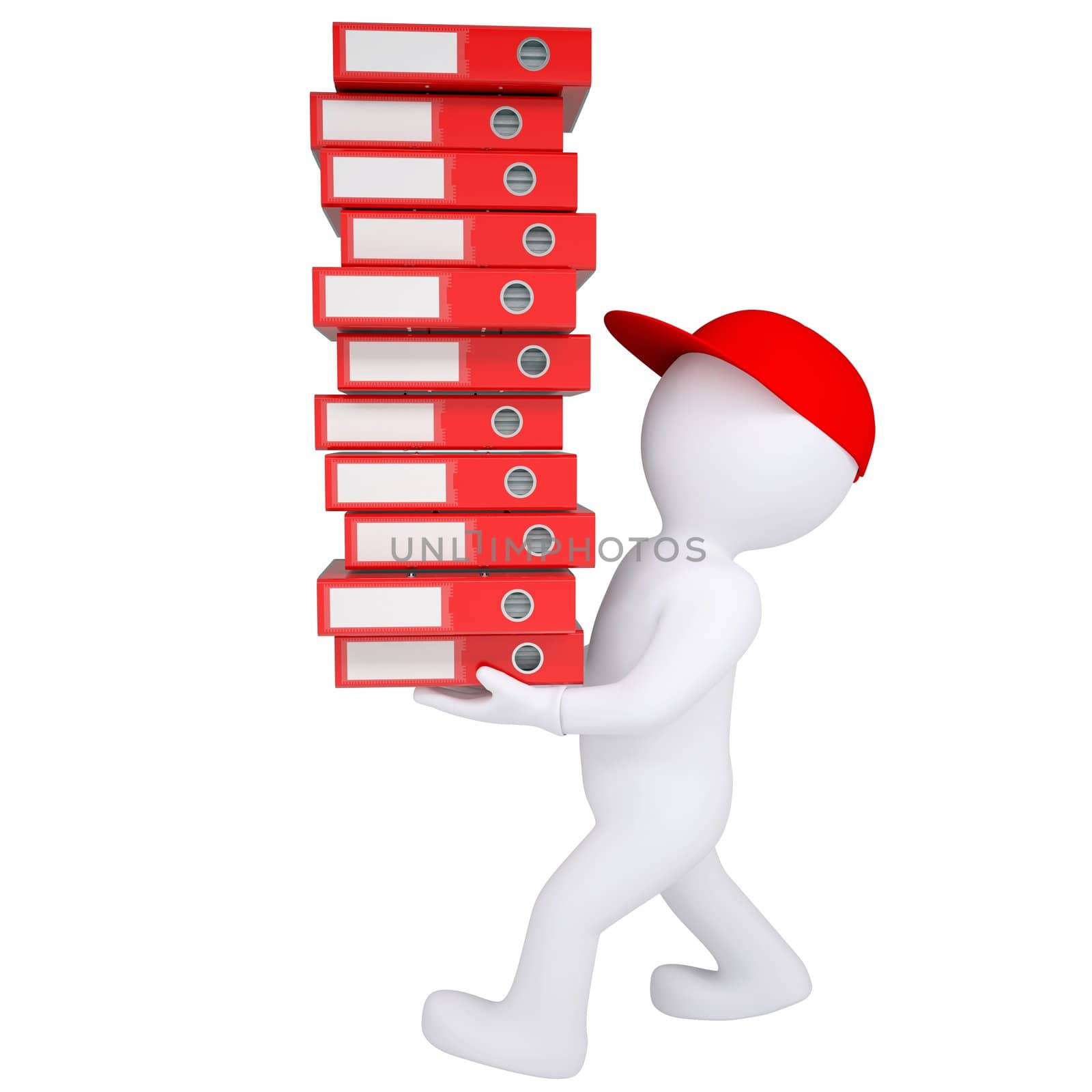 3d white man carries stack of office folders. Isolated render on a white background