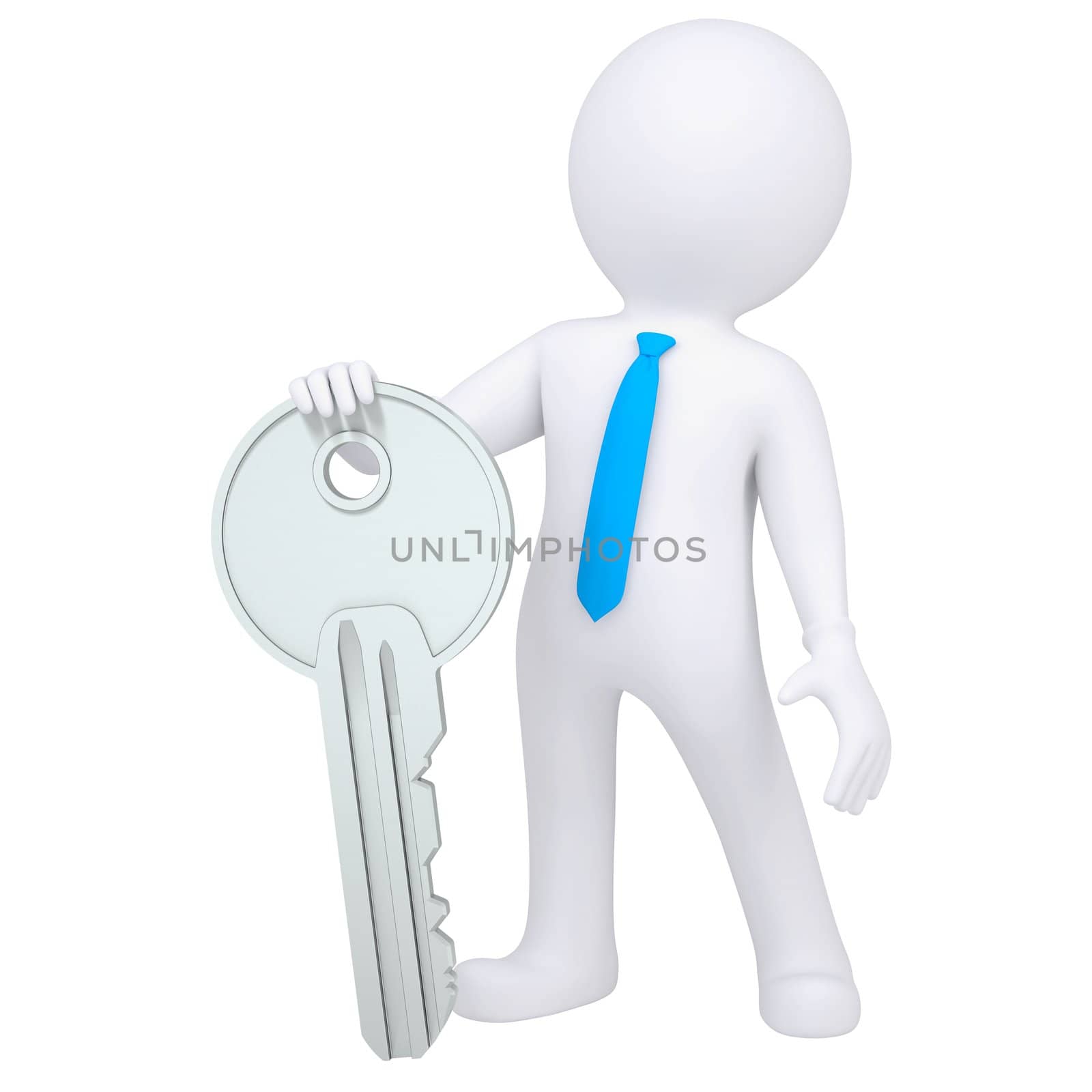3d white man holding a metal key. Isolated render on a white background