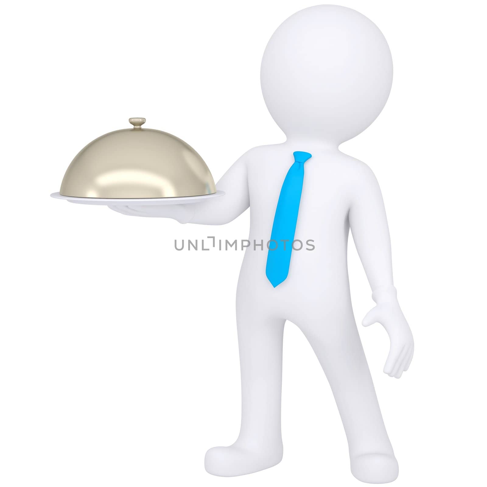 3d white man holding a bowl in his hand. Isolated render on a white background
