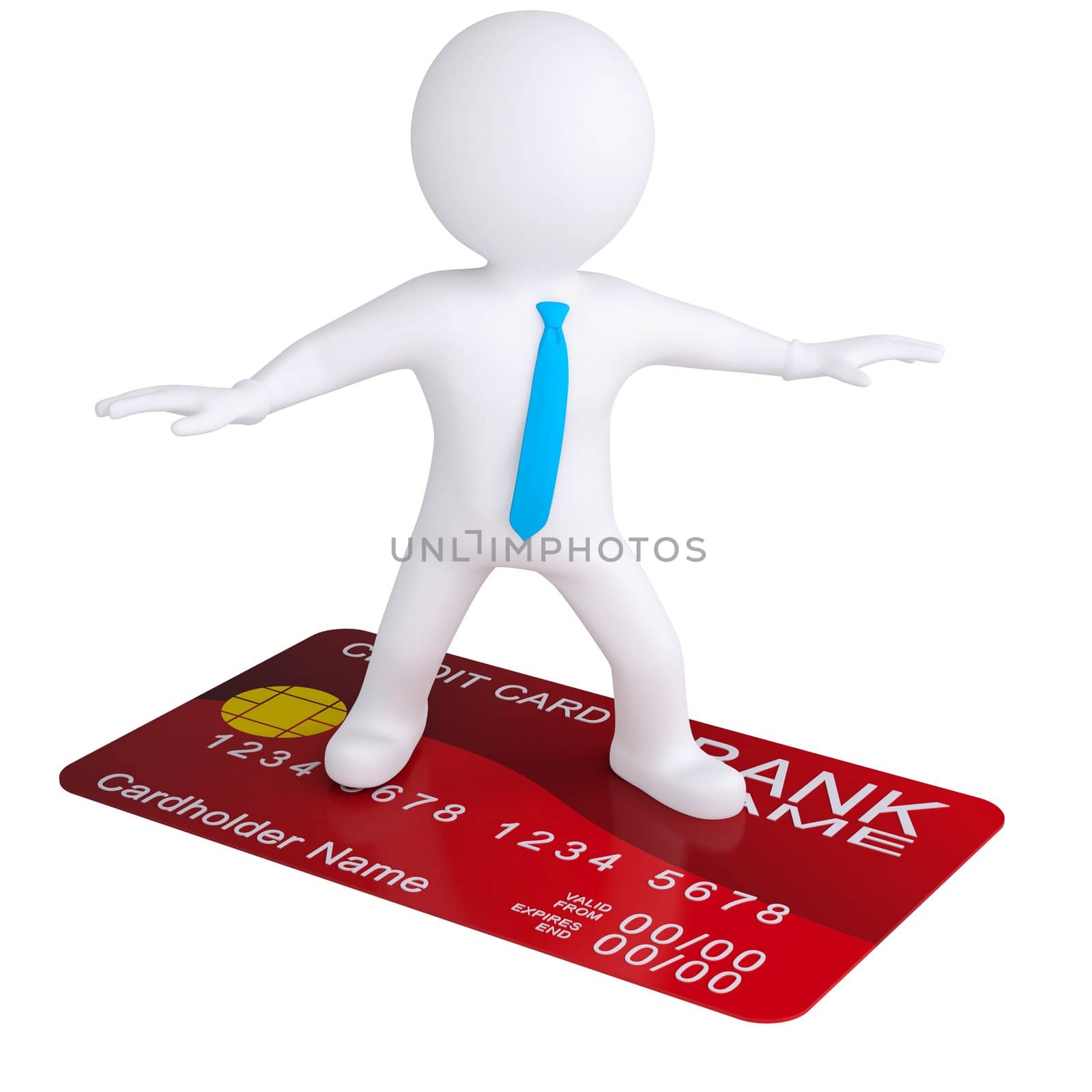3d white man standing on a credit card by cherezoff