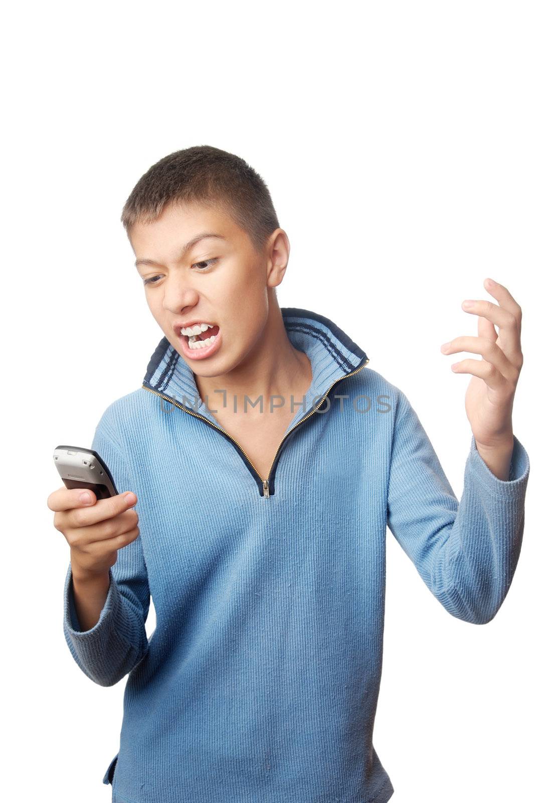 Photo of the boy with mobile phone expressing negatively