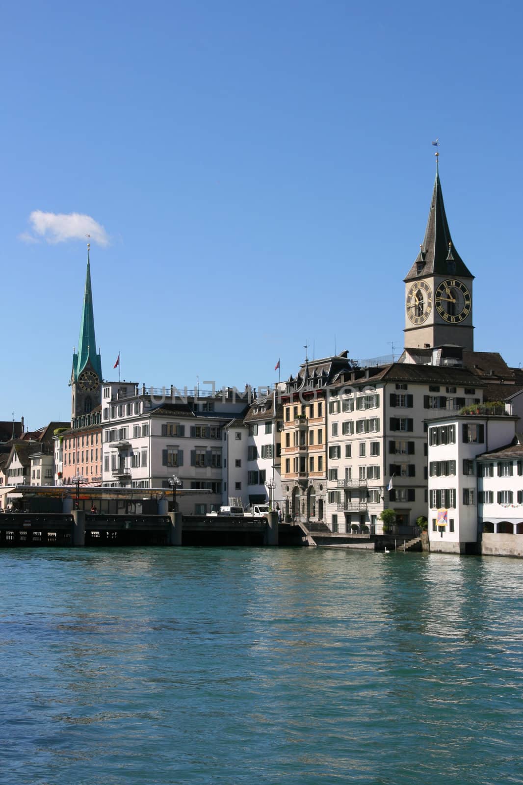 Zurich cityscape with Limmat river. Town in Switzerland.