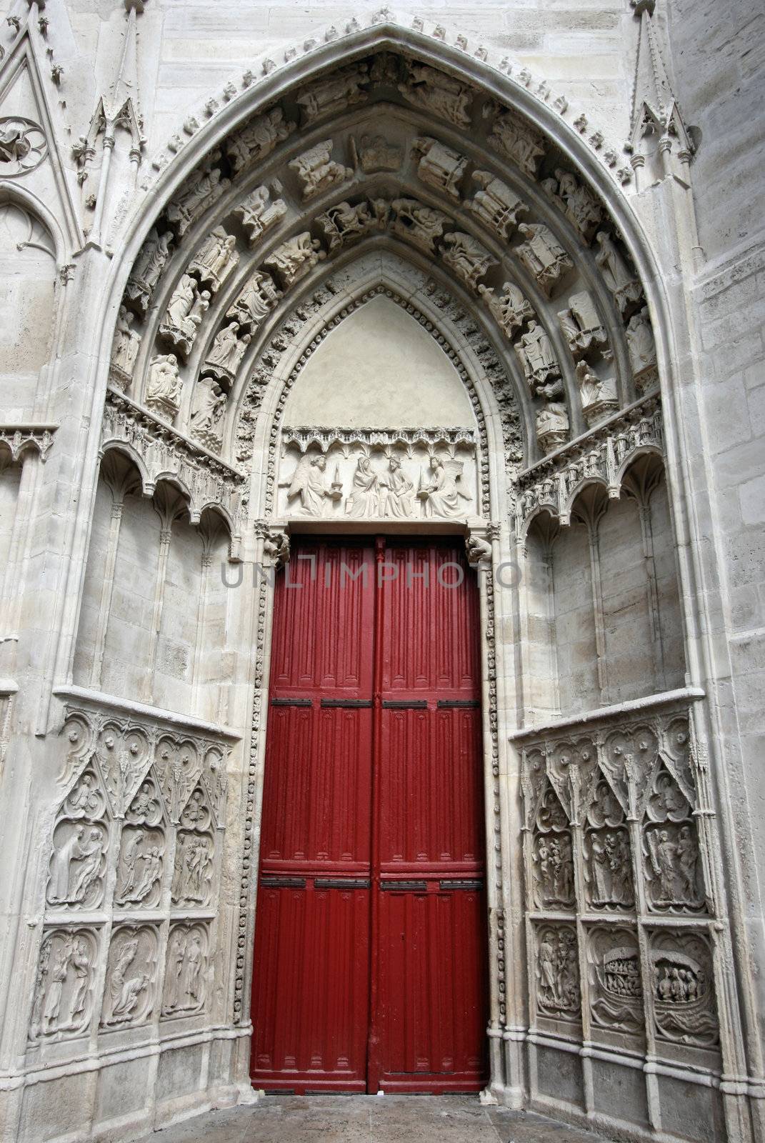 Door to beautiful gothic Cathedral of Saint Etienne in Auxerre, Burgundy, France