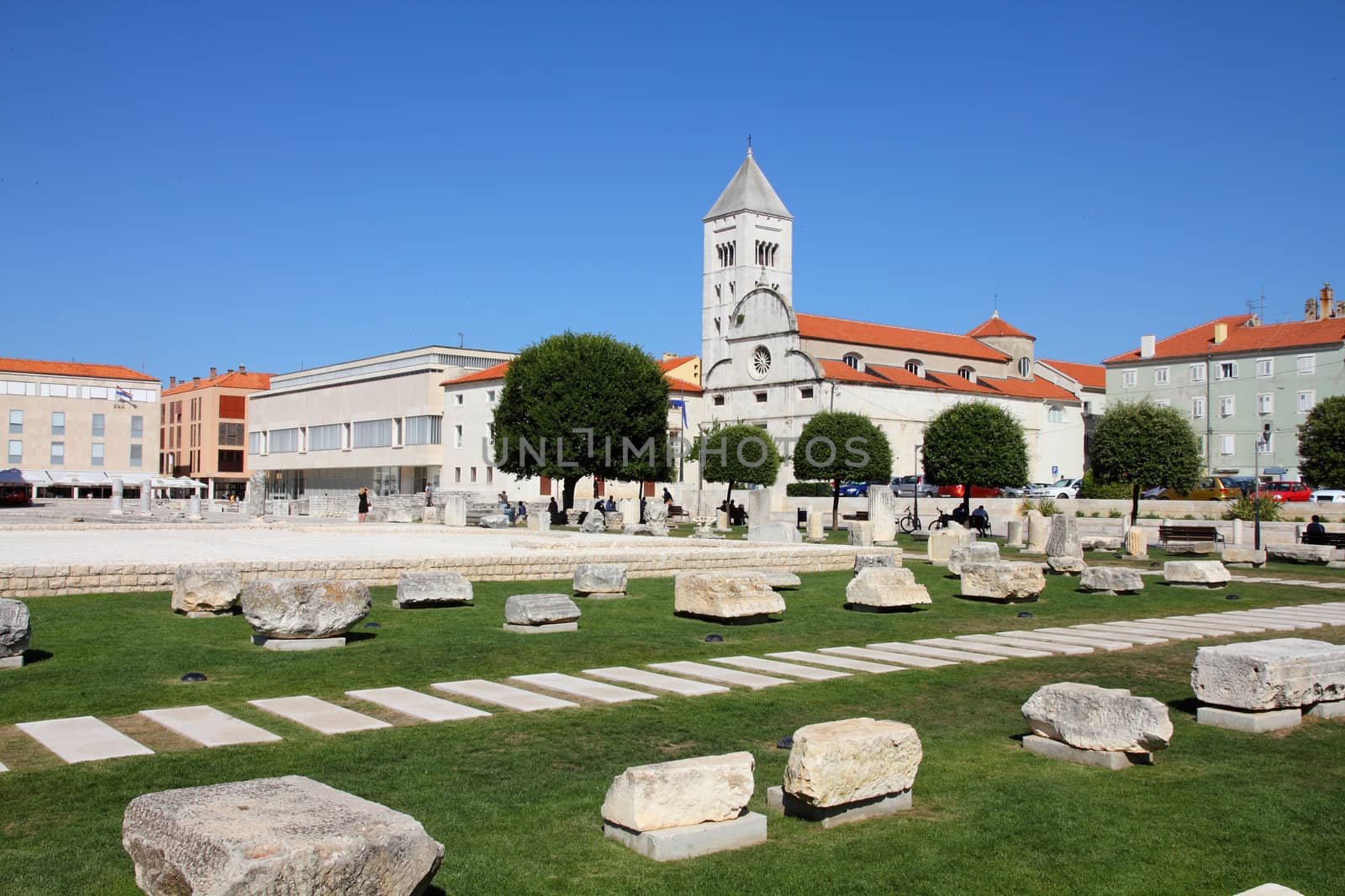 Croatia - Zadar in Dalmatia. Townscape with Roman ruins and St. Mary church.