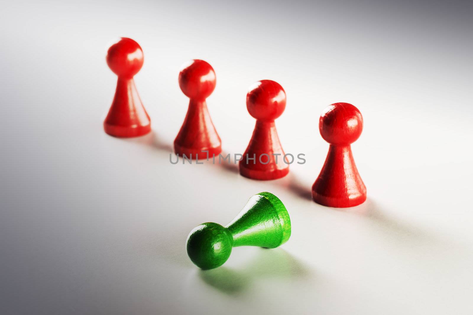 four red and one green lying standing human figure Ludo