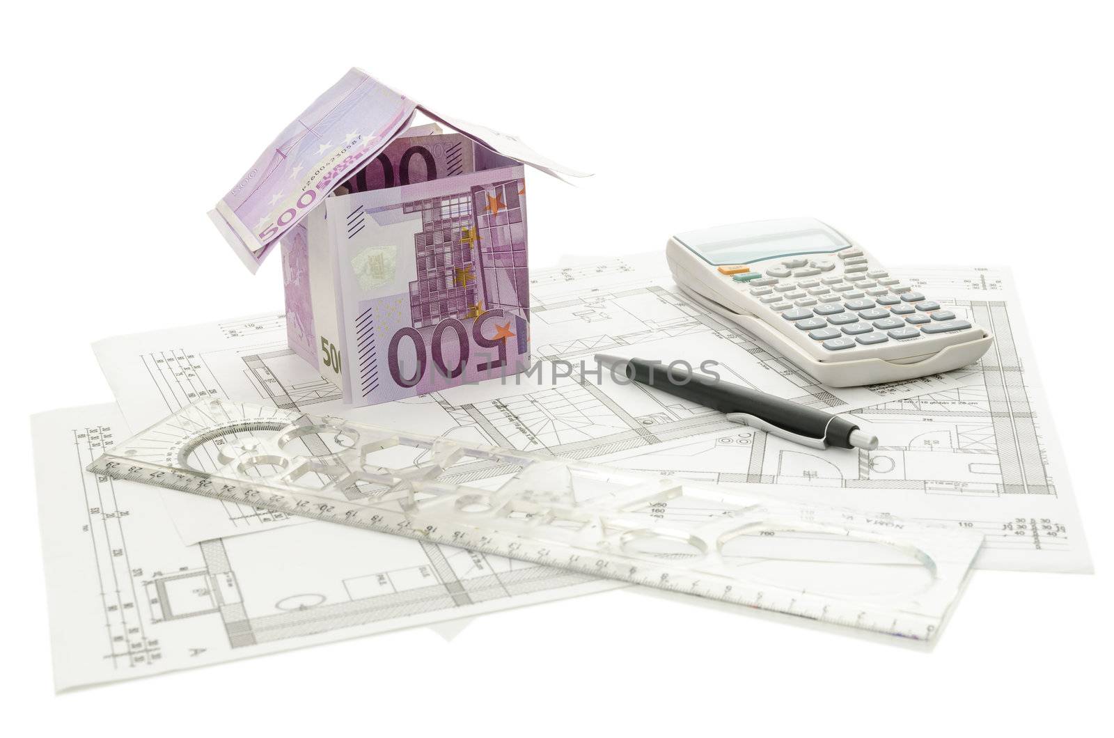 House made of 500 Euro money on an architectural building plan. Isolated on a white background.
