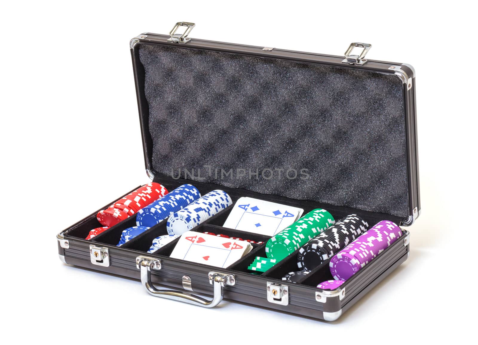 Poker Set in a Metallic Case, on white background