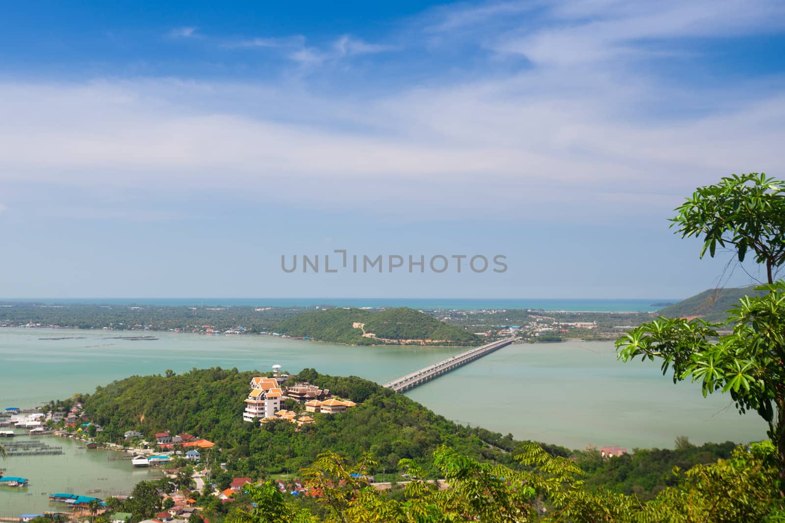 Bridge across the sea. Connecting the island to the coast. Yor Island and the coast of Songkhla province, southern Thailand.