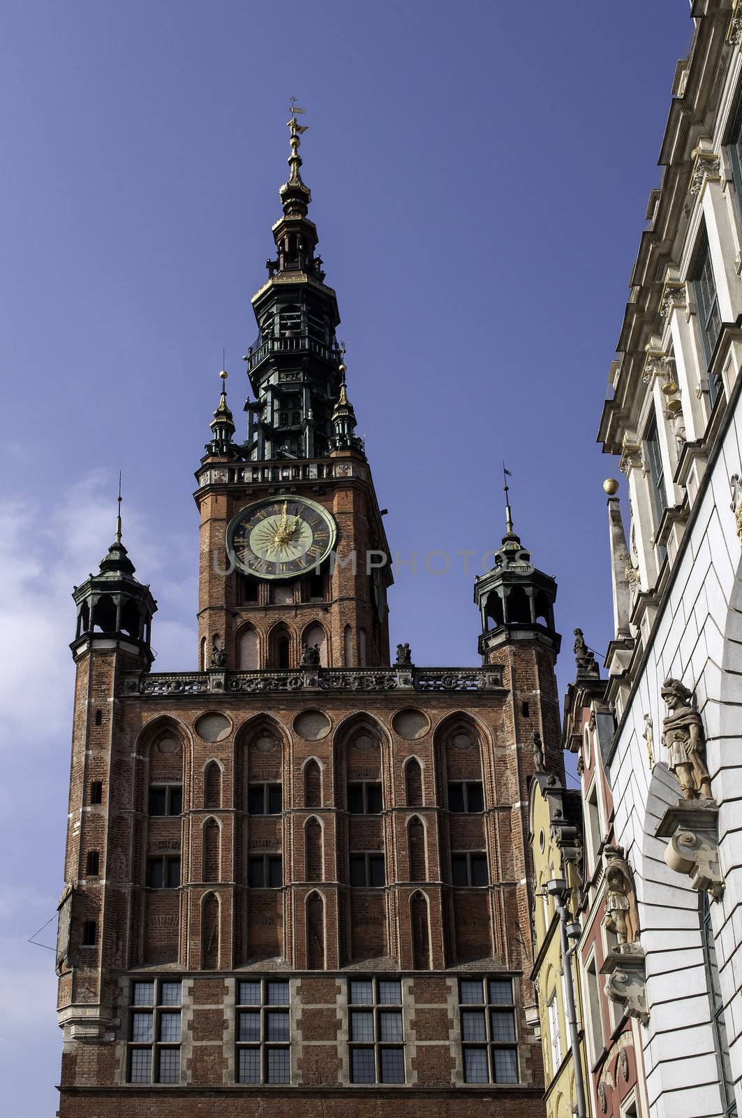 Clock Tower and buildings on Long Market street, in the Old Town of Gdansk.