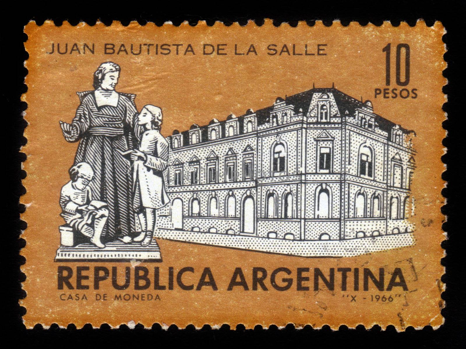 ARGENTINA - CIRCA 1966: A stamp printed in Argentina showing La Salle College and Monument of John Baptist de La Salle, circa 1966
