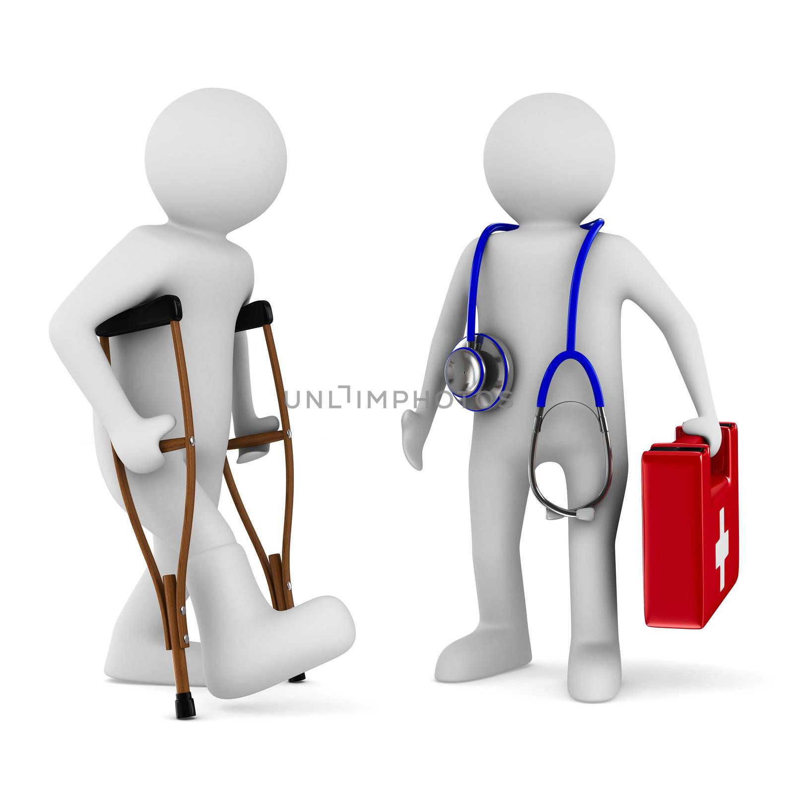 man on crutches and doctor. Isolated 3D image