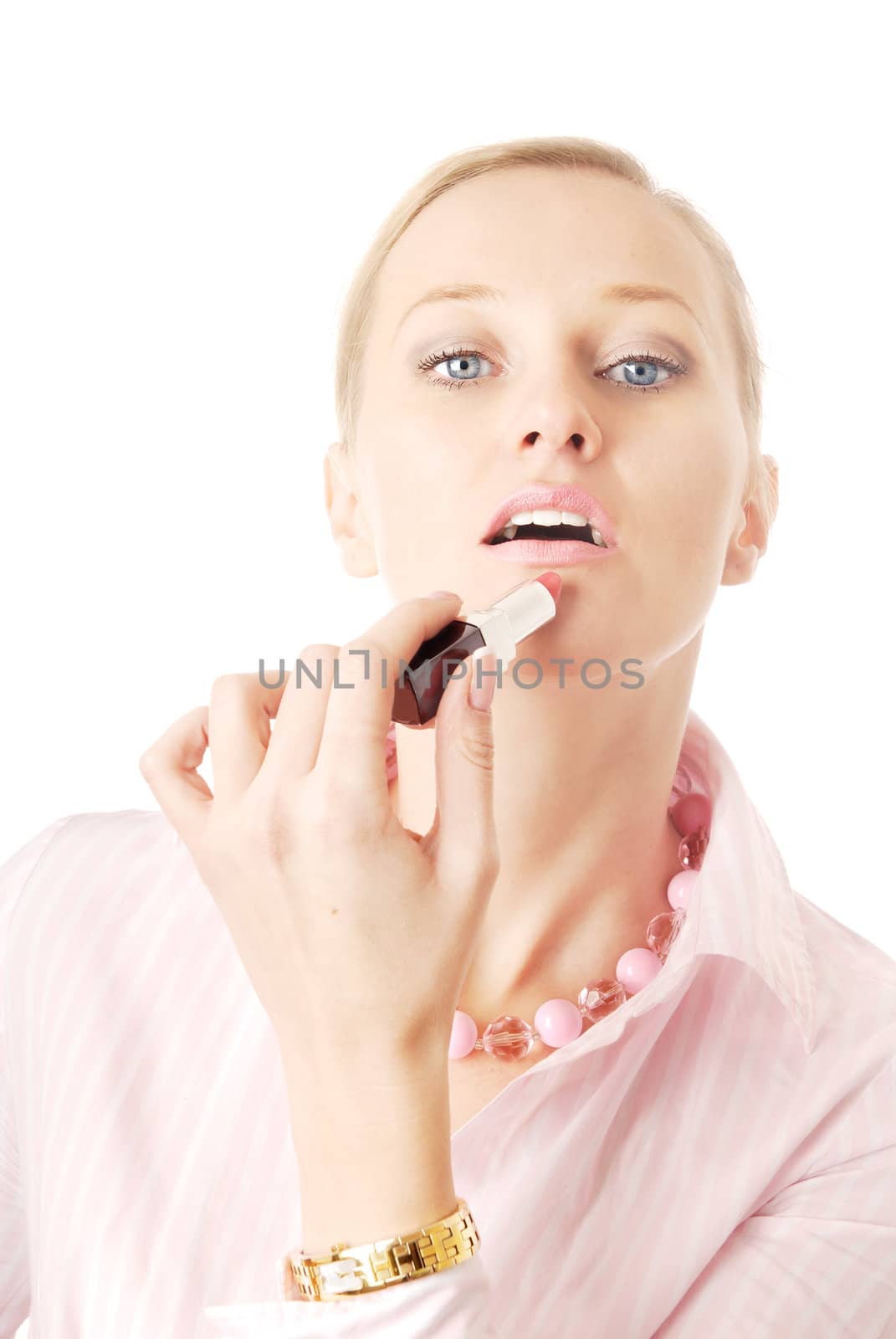 Blond with blue eyes and lipstick on a white background