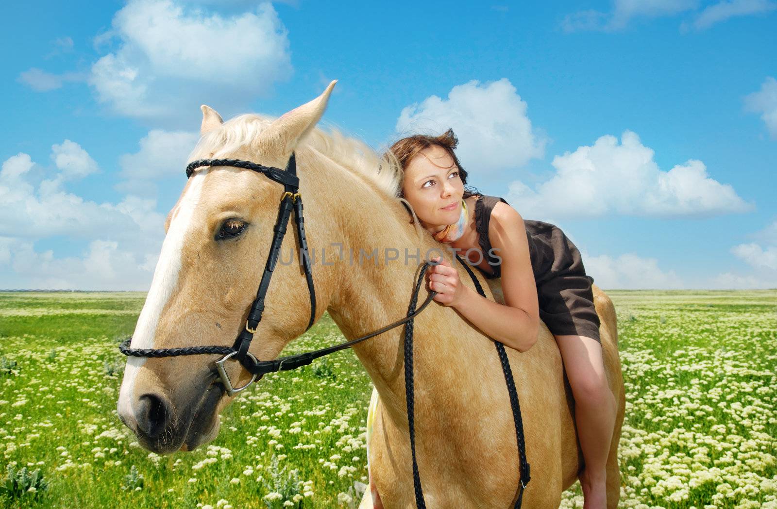 Close-up photo of the joyful lady on her hourse outdoor