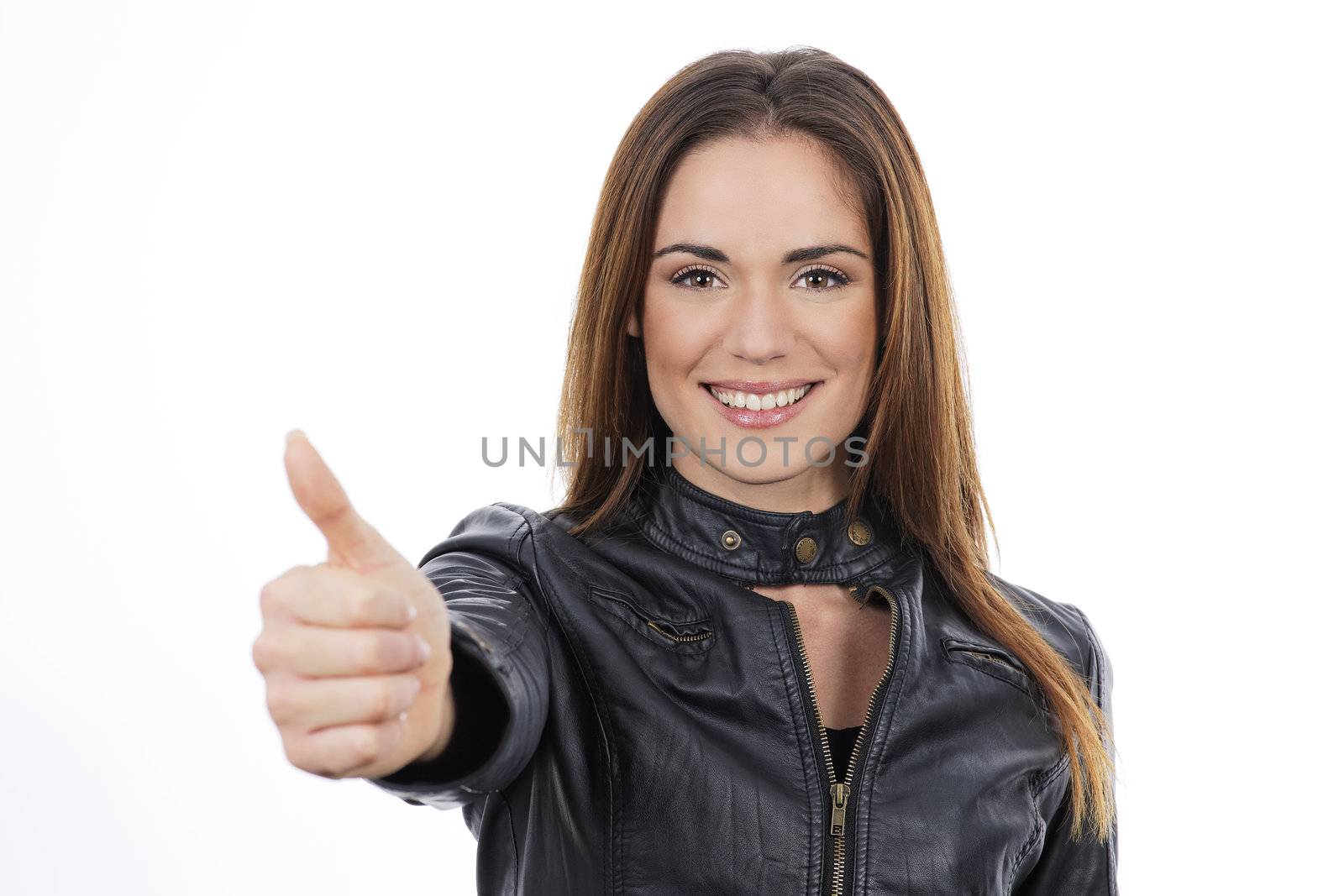 Happy smiling woman with thumb up gesture