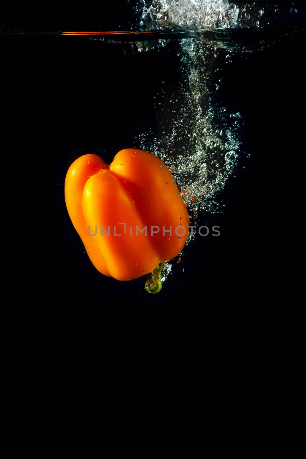 Colored orange paprika in water splashes on black background