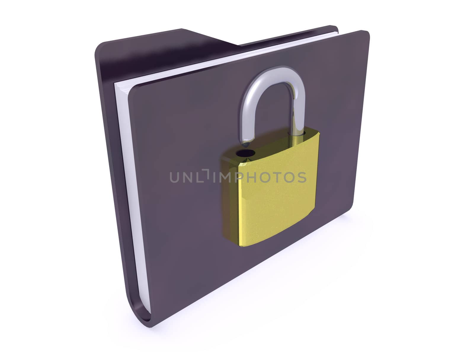 black folder paper icon and padlock opened on white background