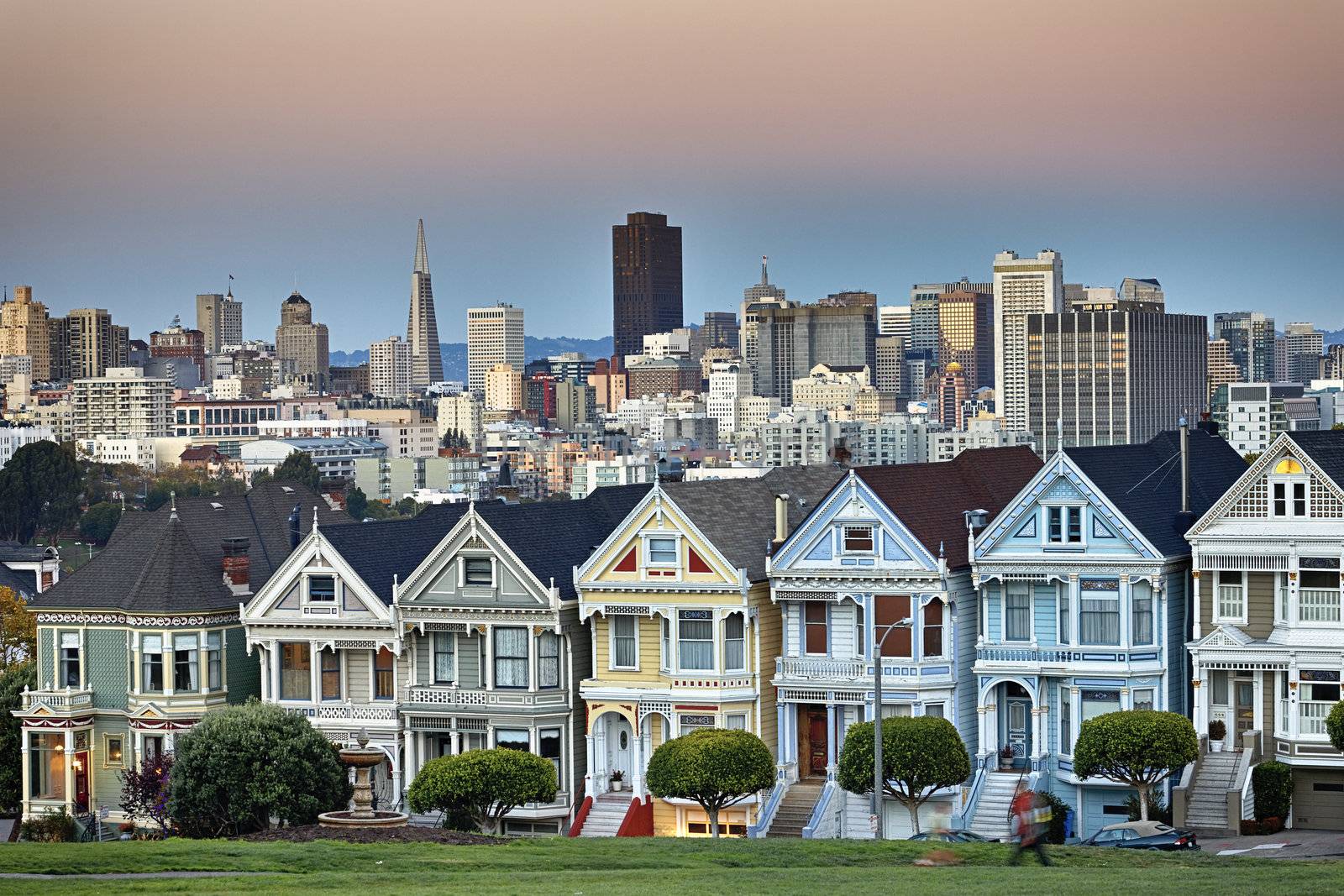 View from Alamo Square at twilight, San Francisco. 