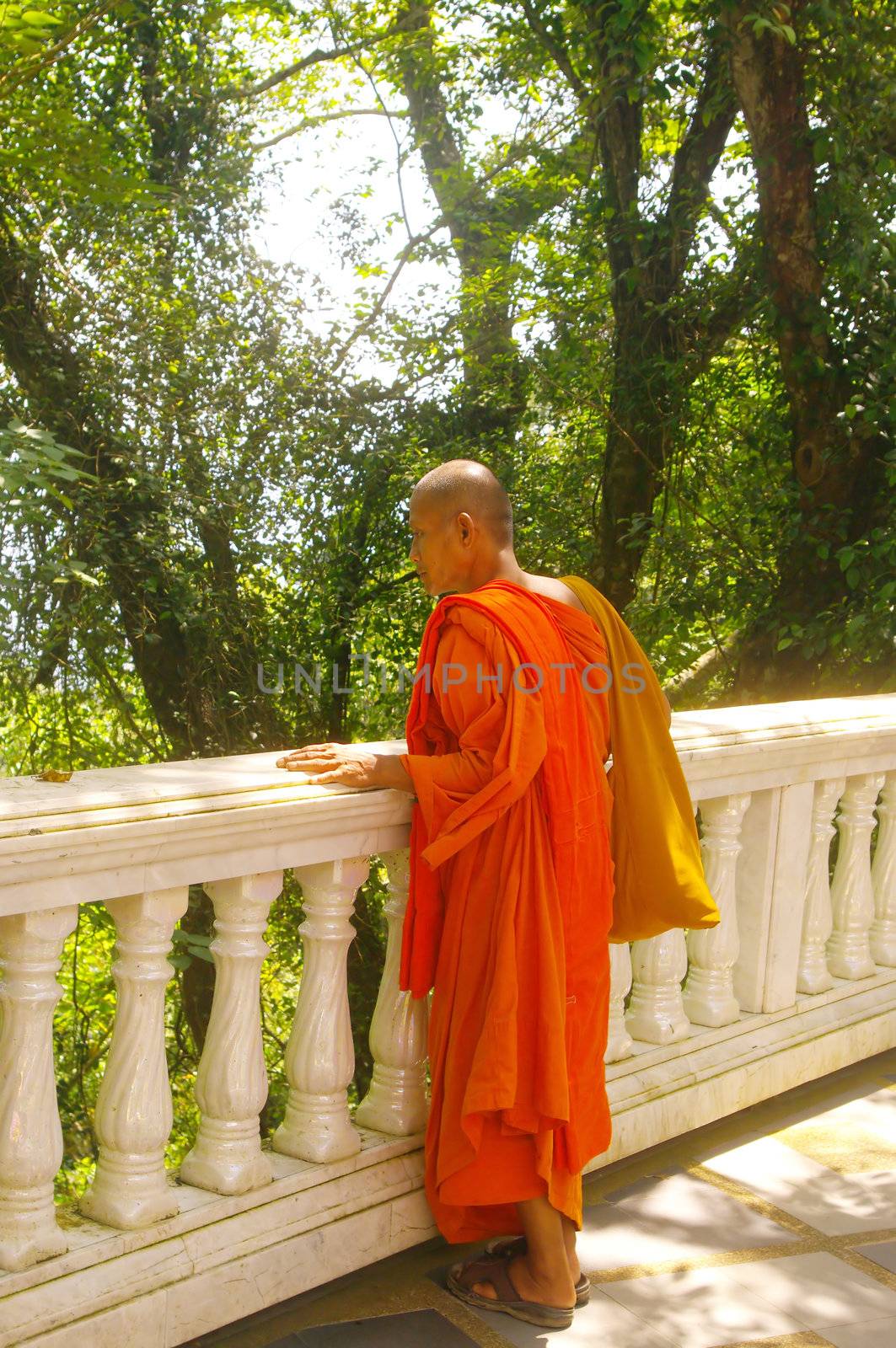 Buddhist monk from Thailand in its Kesa saffron and ocher.
The monk wear this garment which releases the right shoulder.