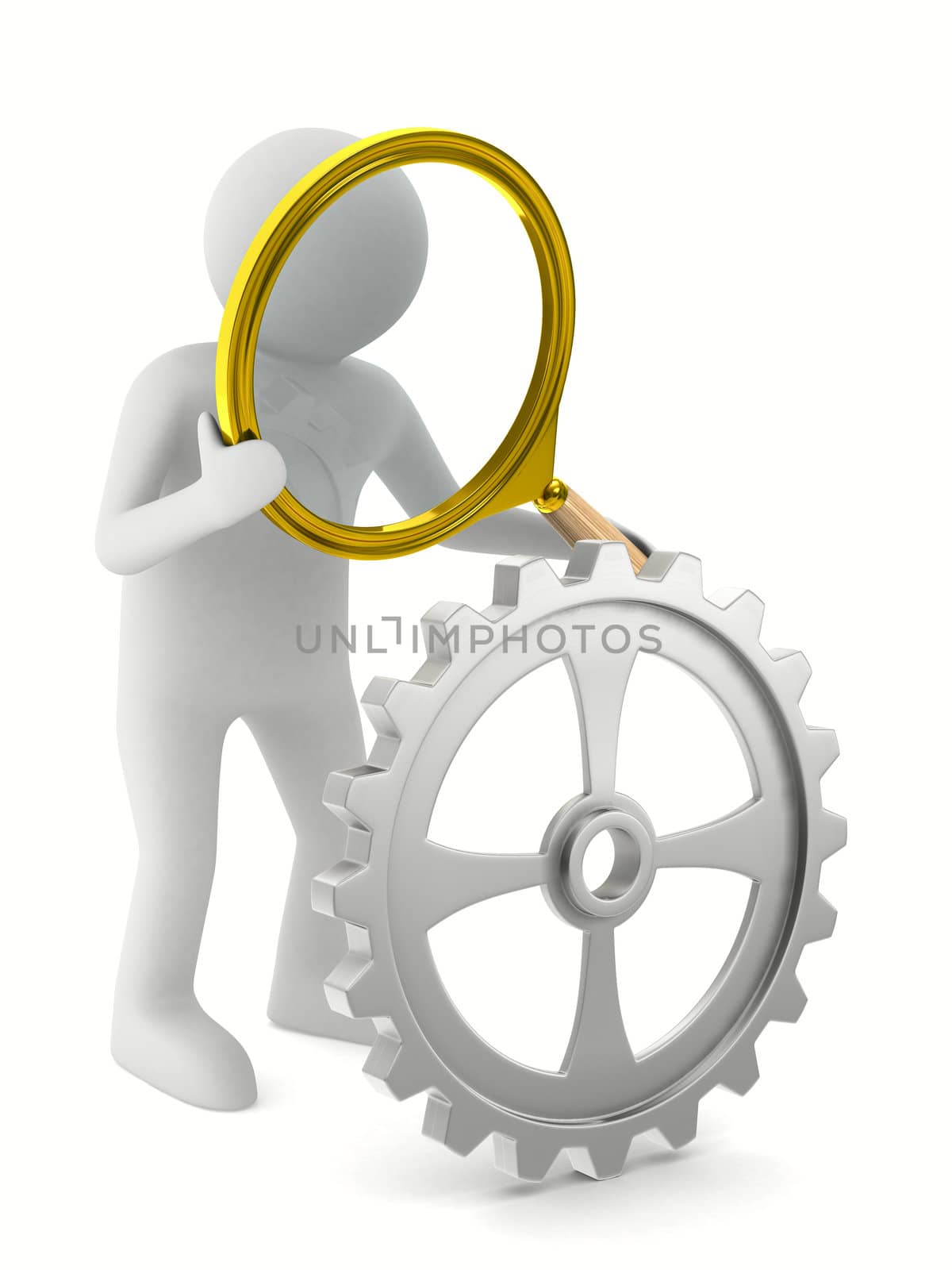 Man with magnifier on white background. Isolated 3D image