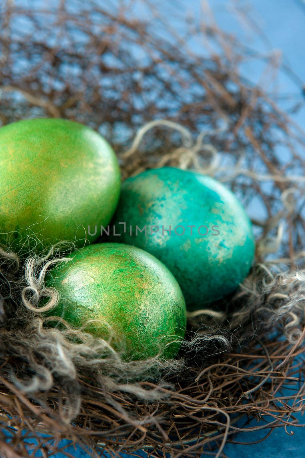 Easter colorful eggs in nest on blue background