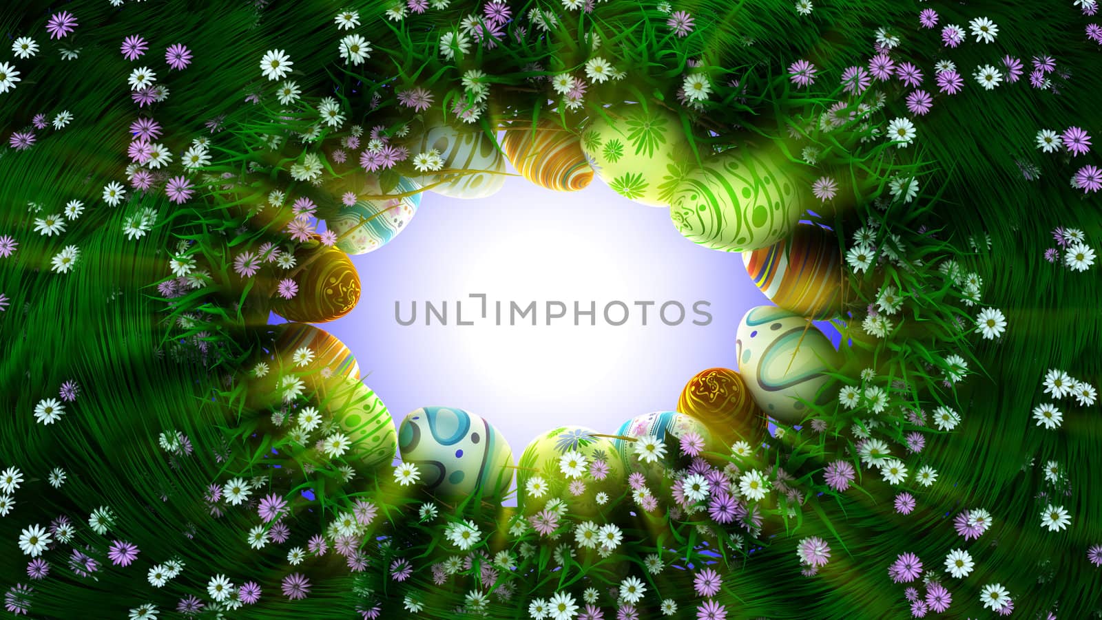 floral holiday Easter background border with eggs,flowers and plants by denisgo