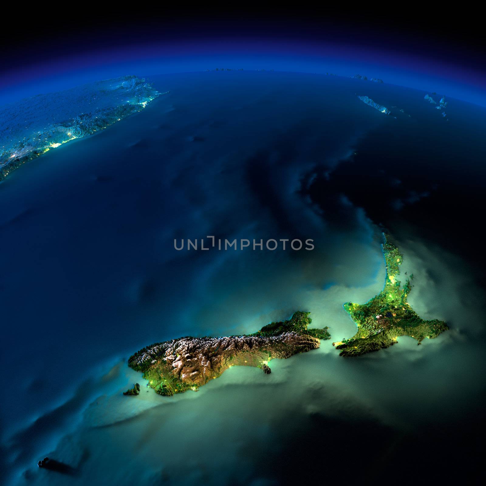 Highly detailed Earth, illuminated by moonlight. The glow of cities sheds light on the detailed exaggerated terrain and translucent water of the oceans. Elements of this image furnished by NASA