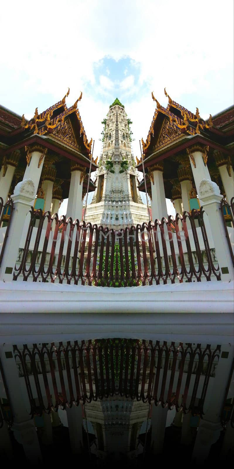 Thai temple with symmetrical reflection by coleorhiza