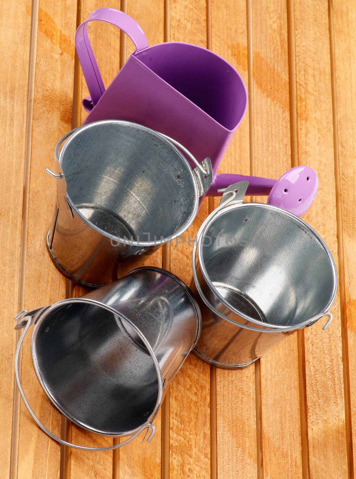 Garden Utensil with Tin Buckets and Watering Can on wooden background