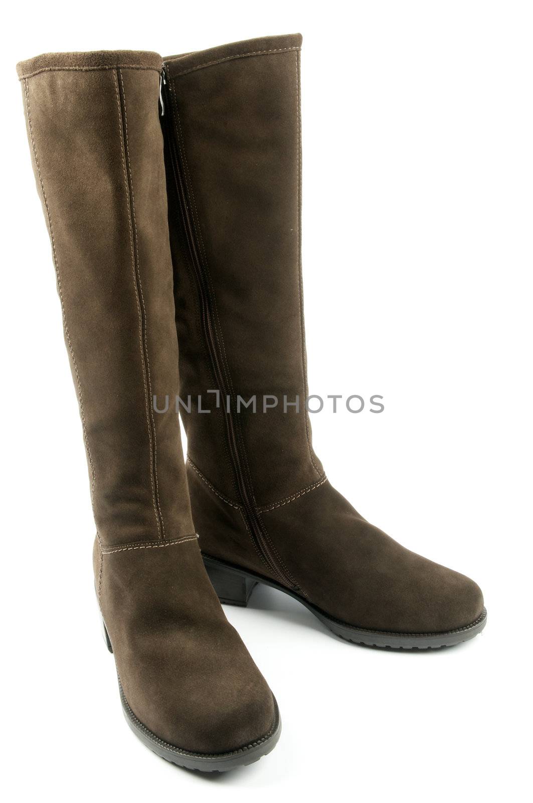 Pair of Brown Chamois Leather Female Boots isolated on white background