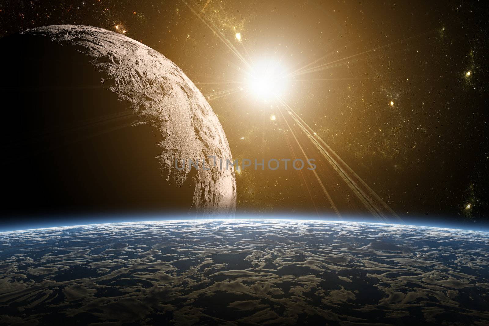 A view of planet earth, moon and sun. Abstract background of dis by mozzyb