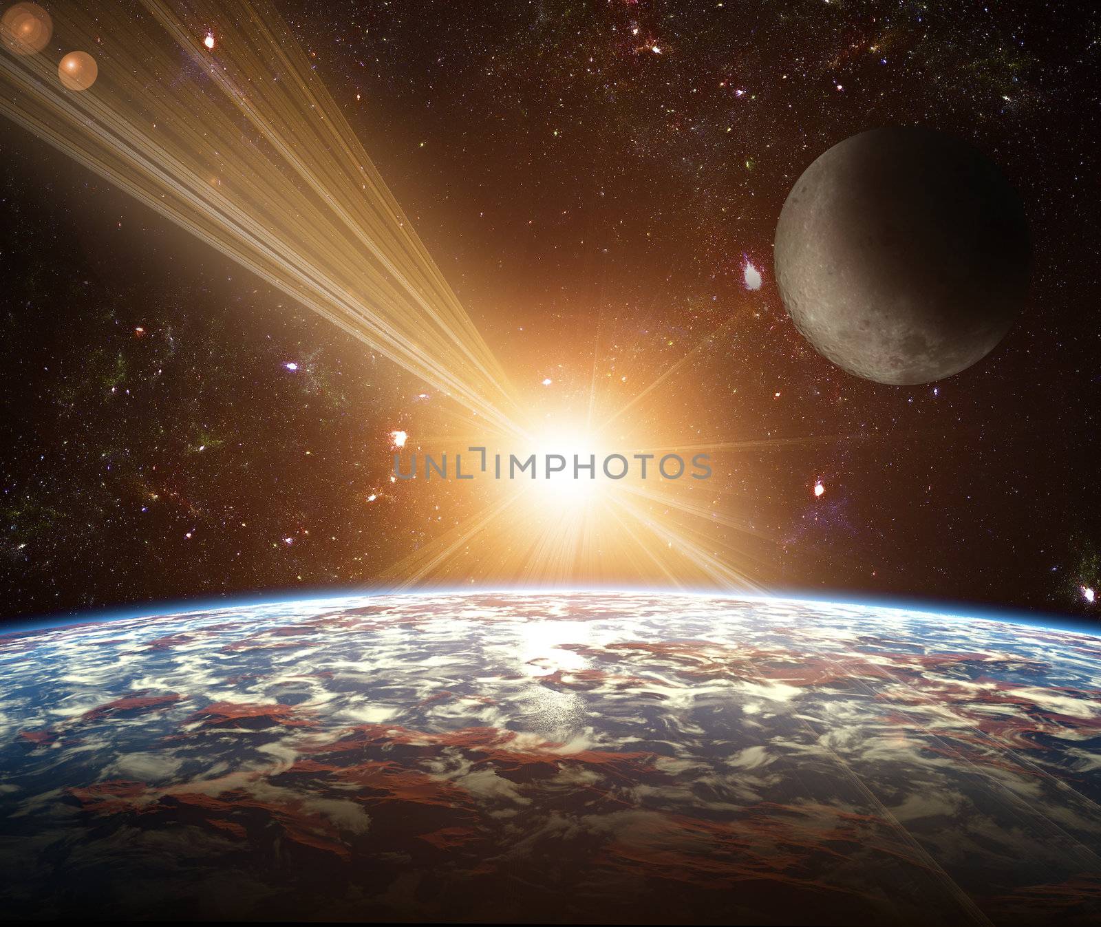 A view of planet earth, moon and sun. Abstract background of dis by mozzyb