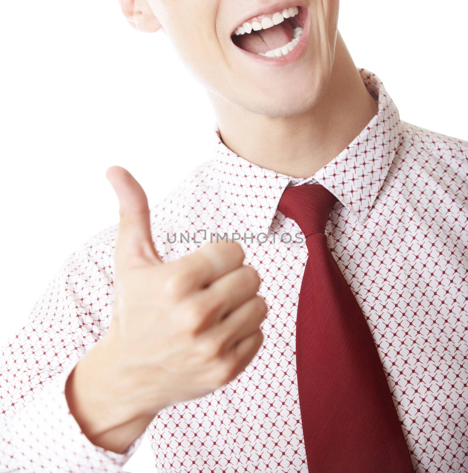 Successful unrecognizable businessman making thumbs up gesture