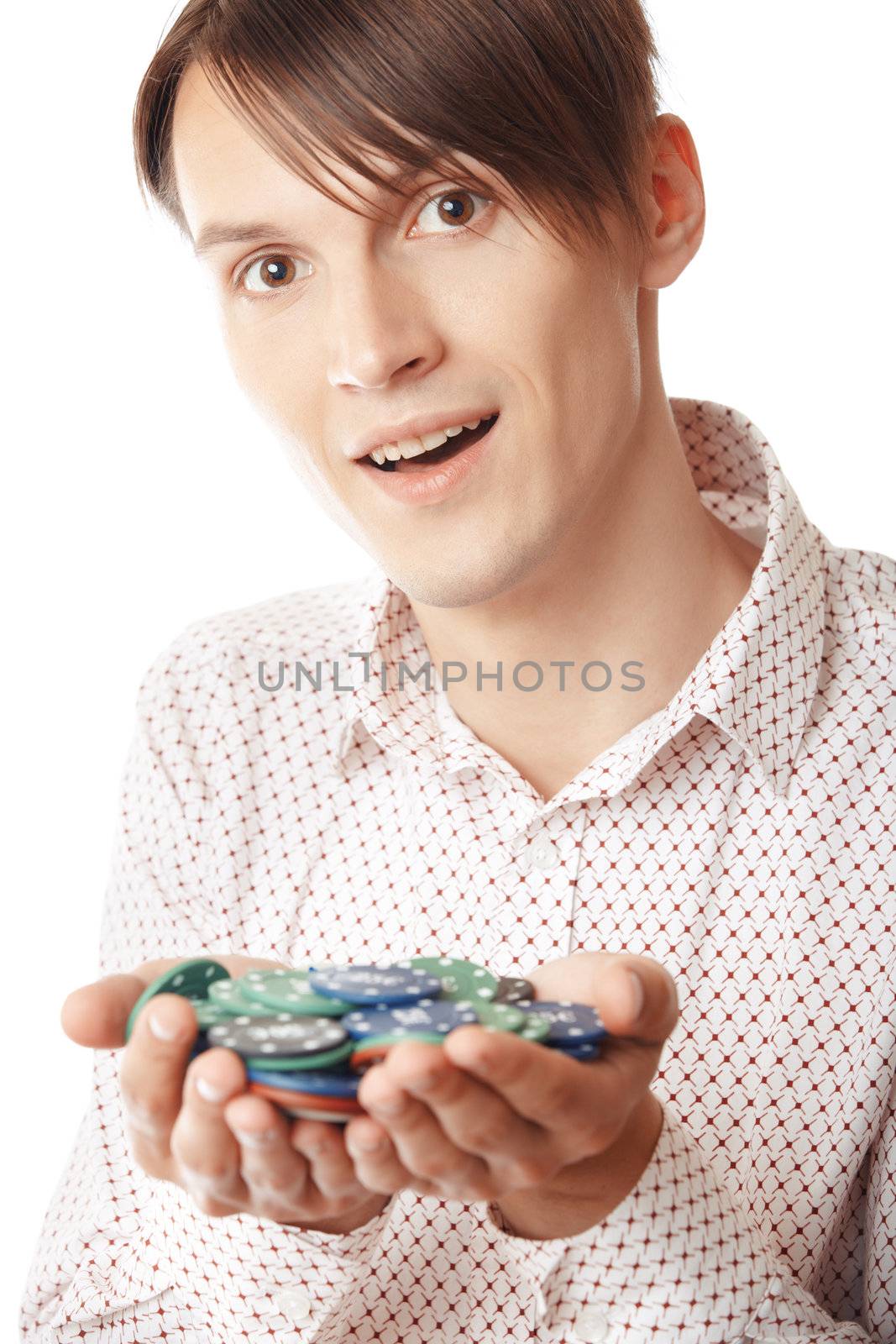 Glad man holding casino chips on a white background