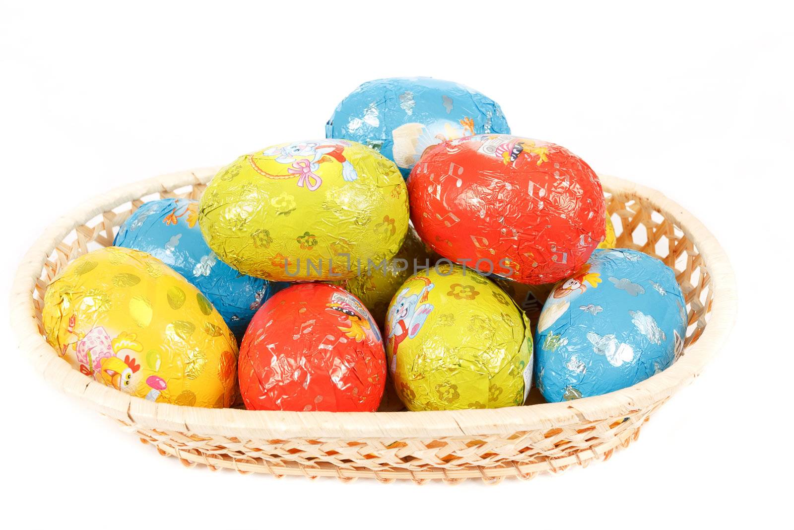 easter chocolate eggs in a basket isolated on white