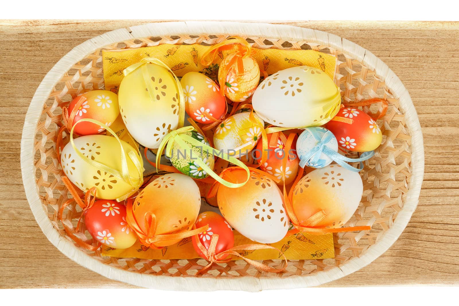 painted easter eggs with ribbon in basket