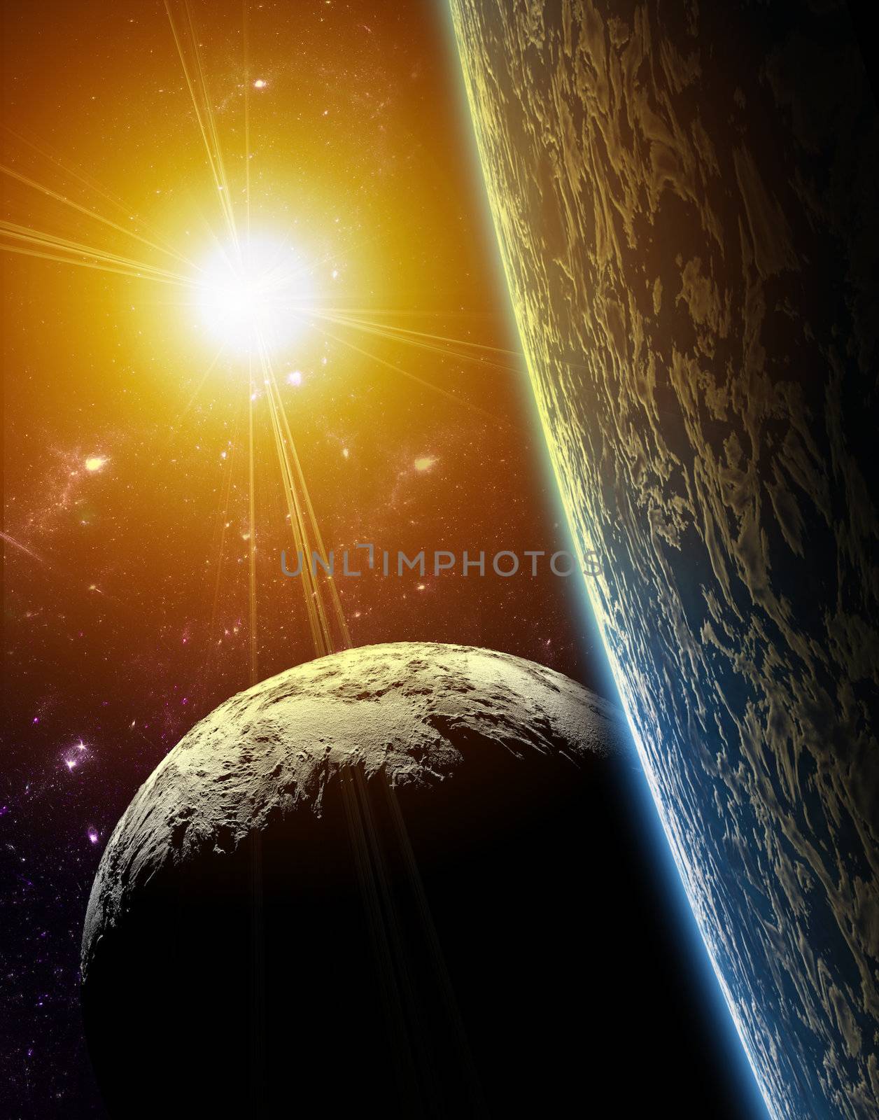 A view of planet earth, moon and sun. Abstract background of distant regions. New Age in the far travel and use of solar energy.