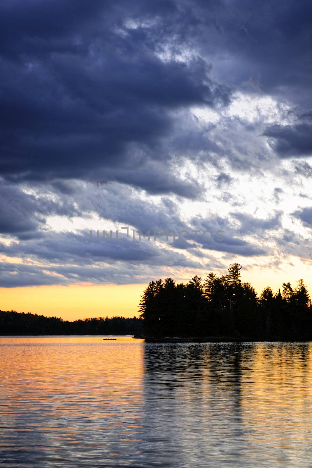 Dramatic sunset at Lake of Two Rivers in Algonquin Park, Ontario, Canada