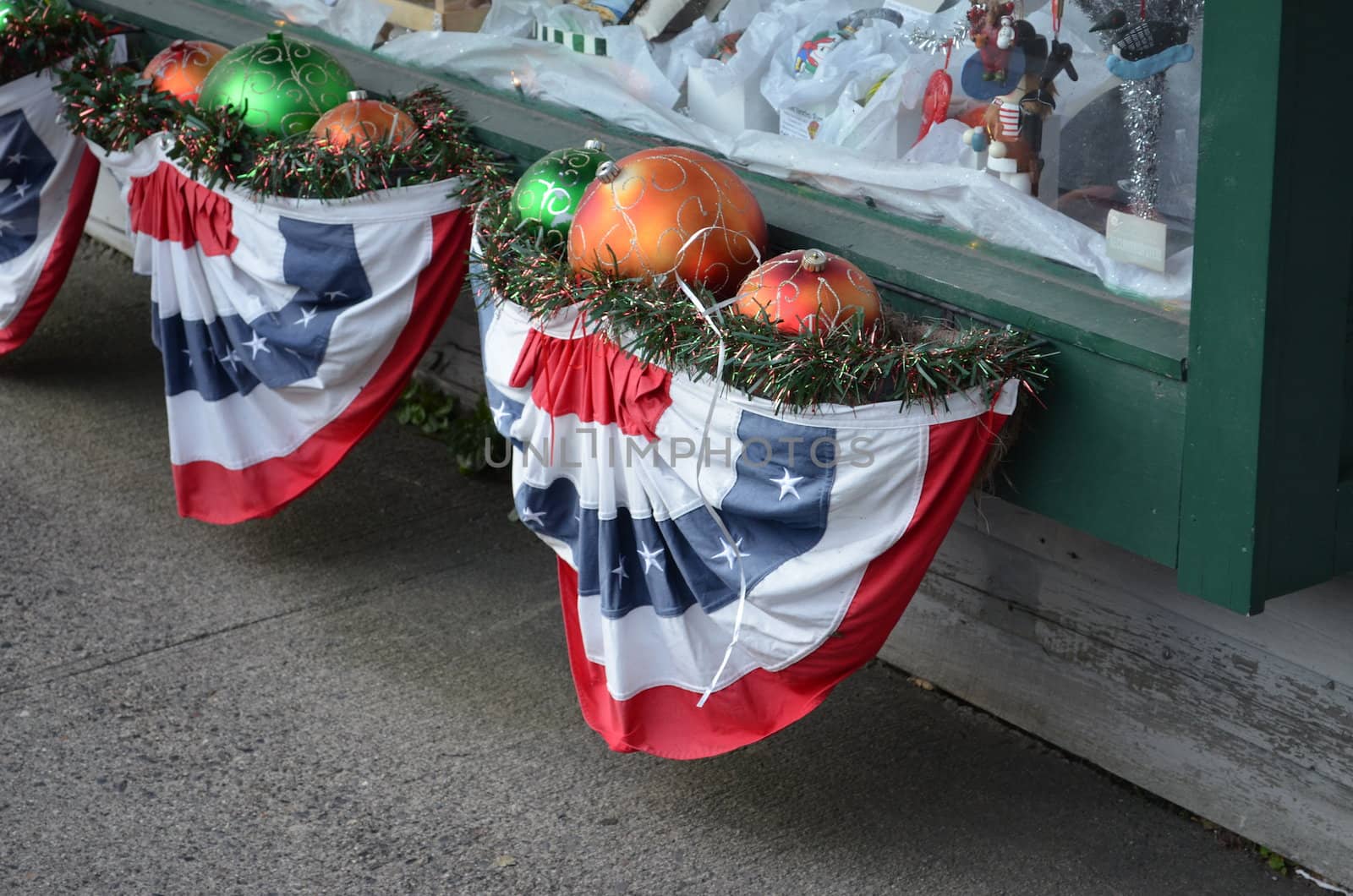 Patriotic Christmas Decorations on display in a window box