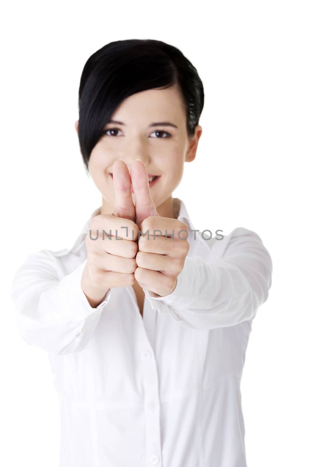 Happy smiling business woman with thumbs up gesture by BDS